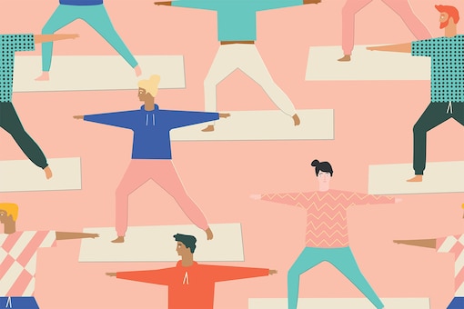 Yoga-Übungen, Illustration, Männer und Frauen machen gemeinsam Yoga