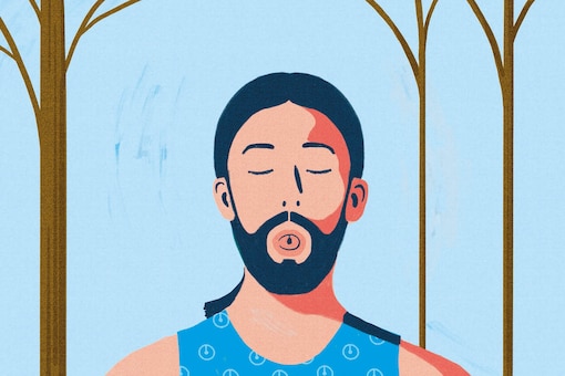 Illustration, Mann macht eine Atemübung gegen Hitze, was tun bei Hitze, Zunge, Sommer