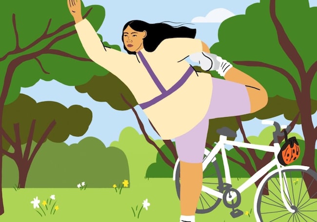 Illustration einer Frau, die in einem Wald neben ihrem Fahrrad einen Yoga-Übung auf einem Bein durchführt.