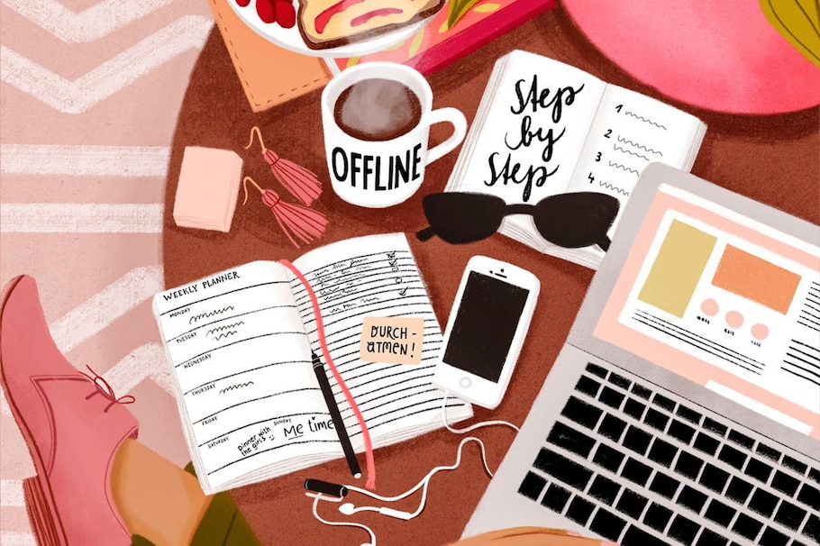 Digital Detox, Illustration, Handy, Laptop, Kaffee, Terminplaner, Kopfhörer, carpe diem