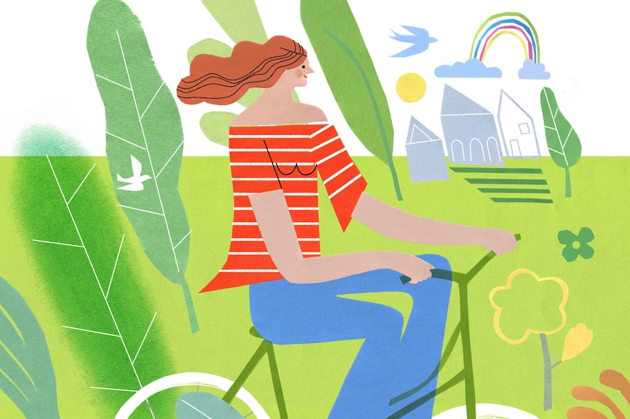 Illustration, Frau, Fahrrahd, Sommer, Grüne Wiese, Häuser, Regenbogen