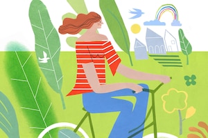 Illustration, Frau, Fahrrahd, Sommer, Grüne Wiese, Häuser, Regenbogen