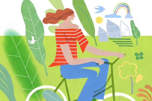 Illustration, Frau, Fahrrahd, Sommer, Grüne Wiese, Häuser, Regenbogen