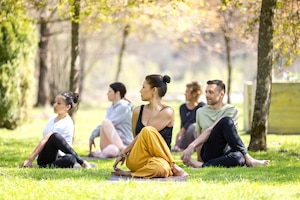 Eine Gruppe macht auf einer grünen Wiese gemeinsam Yoga.