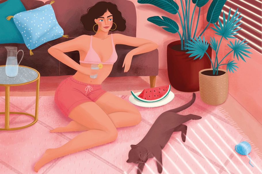 Illustration, Frau, Katze, Sommer, Wohnzimmer, Hitze, Rollos unten, richtig lüften im Sommer, Hitze, heiß