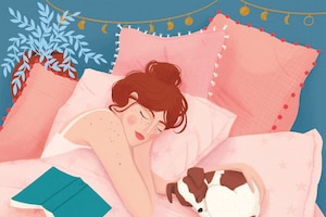 Illustration, Frau, Hund, Buch, Bett, schlafen, Schlafen bei Hitze